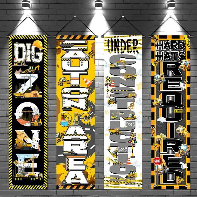 Main image of 4 Pcs Construction Party Decorations, Construction Hanging Porch Sign Banner 47.24x11.81 Inch Excavator Truck Building Theme Door Backdrop for Birthday Photo Booth Supplies