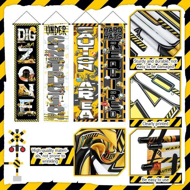 Alt view image 2 of 6 - 4 Pcs Construction Party Decorations, Construction Hanging Porch Sign Banner 47.24x11.81 Inch Excavator Truck Building Theme Door Backdrop for Birthday Photo Booth Supplies