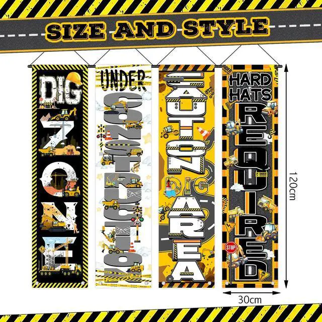 Alt view image 3 of 6 - 4 Pcs Construction Party Decorations, Construction Hanging Porch Sign Banner 47.24x11.81 Inch Excavator Truck Building Theme Door Backdrop for Birthday Photo Booth Supplies