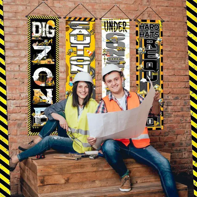 Alt view image 5 of 6 - 4 Pcs Construction Party Decorations, Construction Hanging Porch Sign Banner 47.24x11.81 Inch Excavator Truck Building Theme Door Backdrop for Birthday Photo Booth Supplies