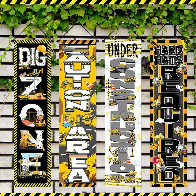 Alt view image 6 of 6 - 4 Pcs Construction Party Decorations, Construction Hanging Porch Sign Banner 47.24x11.81 Inch Excavator Truck Building Theme Door Backdrop for Birthday Photo Booth Supplies