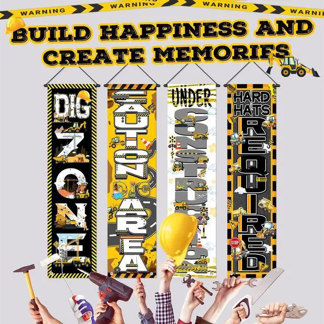 Alt view image 4 of 6 - 4 Pcs Construction Party Decorations, Construction Hanging Porch Sign Banner 47.24x11.81 Inch Excavator Truck Building Theme Door Backdrop for Birthday Photo Booth Supplies