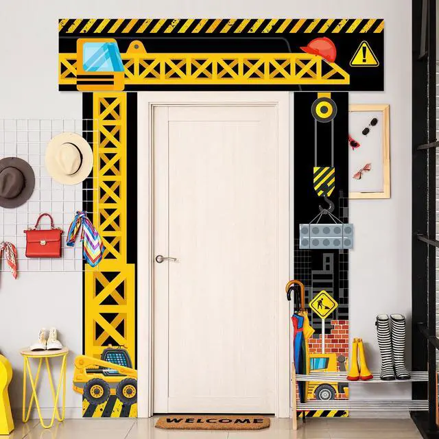 Alt view image 4 of 7 - Construction Door Decorations Construction Truck Porch Sign Banner Yellow Excavator Truck Hanging Door Banner Building Theme Backdrop for Birthday Photo Booth Party Supplies