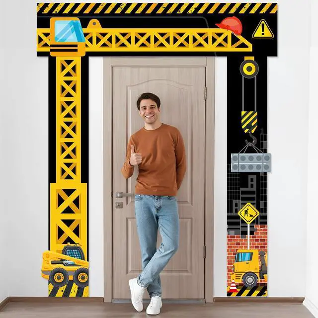Alt view image 6 of 7 - Construction Door Decorations Construction Truck Porch Sign Banner Yellow Excavator Truck Hanging Door Banner Building Theme Backdrop for Birthday Photo Booth Party Supplies