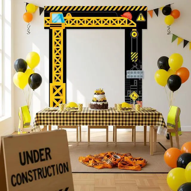 Alt view image 7 of 7 - Construction Door Decorations Construction Truck Porch Sign Banner Yellow Excavator Truck Hanging Door Banner Building Theme Backdrop for Birthday Photo Booth Party Supplies