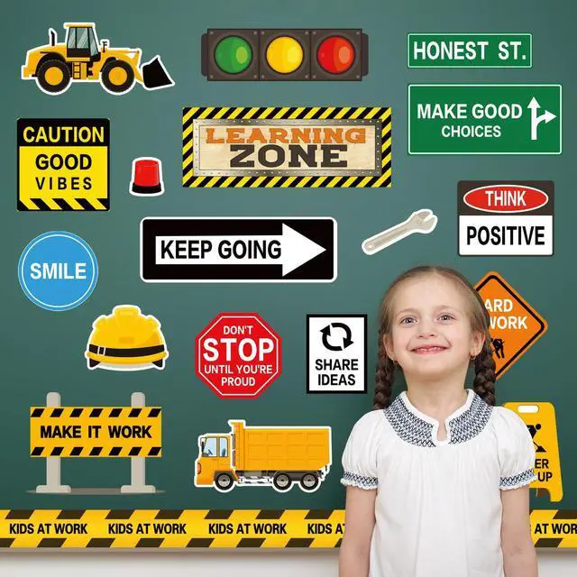 Alt view image 4 of 7 - 47Pcs Construction Bulletin Board Decor Motivational Signs Positive Rules Learning Zone Cutouts Back to School Constructional Classroom Decoration for School Wall Art Decor