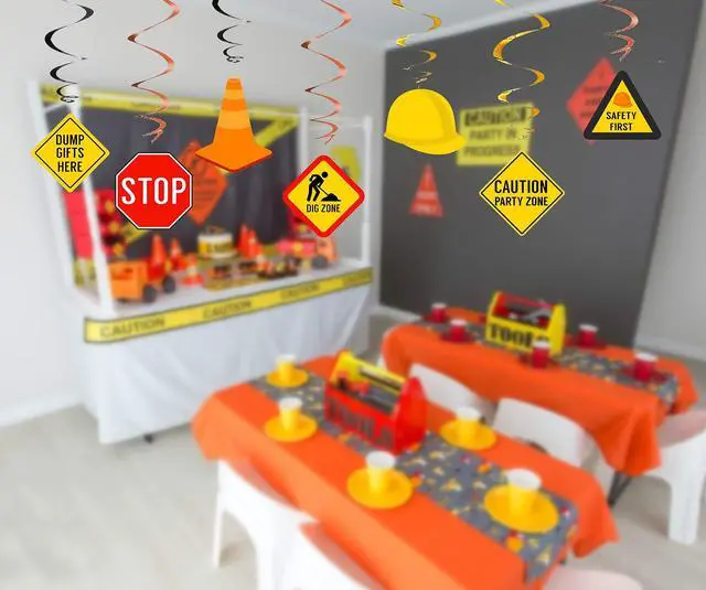 Alt view image 6 of 7 - 30Ct Construction Hanging Swirl Decorations, Traffic Zone Birthday Theme Streamers, Under Construction Site Party Supplies, Kids/Boy/Toddler First Favors, Stop Sign Road Worker Decor