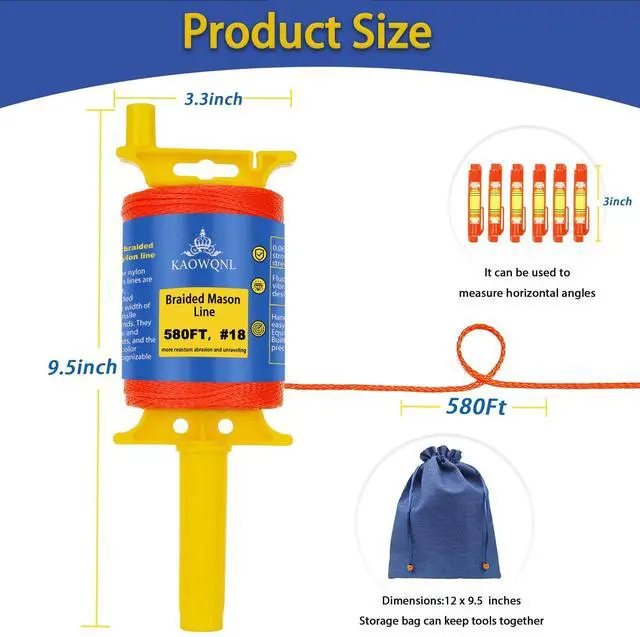 Alt view image 5 of 7 - Mason Line String with Handle Twisted,580Ft #18 Braided Construction Nylon String Line,with Post Level & 6 Line Levels & Storage Bag,for Masonry (Fluorescent Orange)