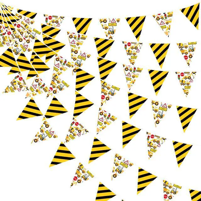 Main image of 32Ft Construction Party Decorations Yellow Black Construction Themed Fabric Banner Triangle Pennant Flag Garland Streamers for Kids Dump Truck Birthday Excavator Tractor Baby Shower Decor Supplies