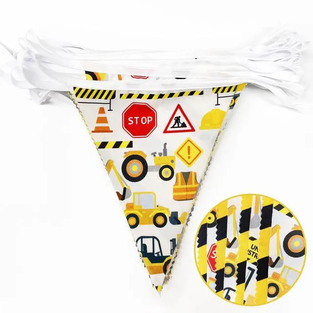 Alt view image 2 of 7 - 32Ft Construction Party Decorations Yellow Black Construction Themed Fabric Banner Triangle Pennant Flag Garland Streamers for Kids Dump Truck Birthday Excavator Tractor Baby Shower Decor Supplies