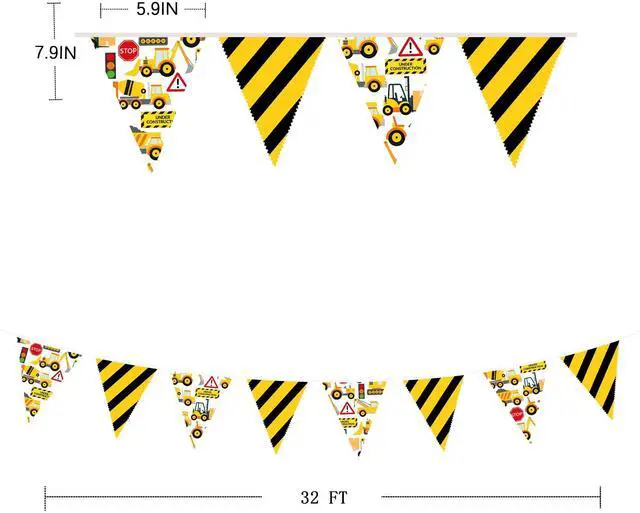 Alt view image 3 of 7 - 32Ft Construction Party Decorations Yellow Black Construction Themed Fabric Banner Triangle Pennant Flag Garland Streamers for Kids Dump Truck Birthday Excavator Tractor Baby Shower Decor Supplies
