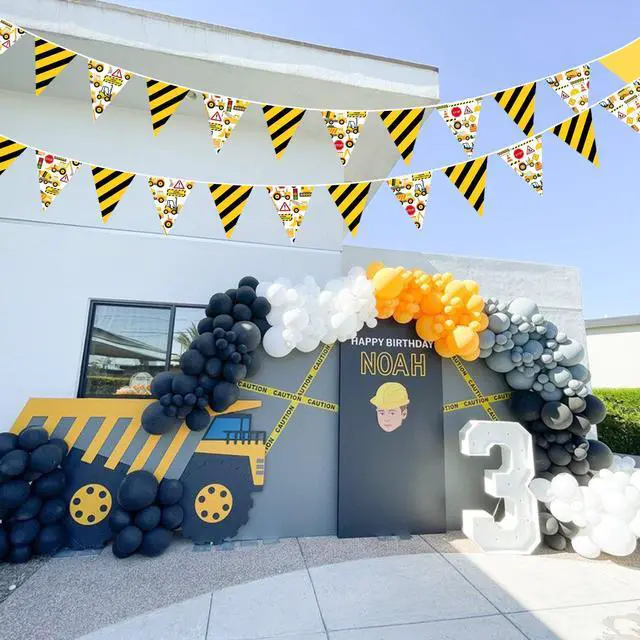 Alt view image 4 of 7 - 32Ft Construction Party Decorations Yellow Black Construction Themed Fabric Banner Triangle Pennant Flag Garland Streamers for Kids Dump Truck Birthday Excavator Tractor Baby Shower Decor Supplies