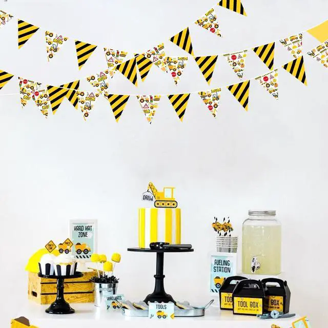 Alt view image 5 of 7 - 32Ft Construction Party Decorations Yellow Black Construction Themed Fabric Banner Triangle Pennant Flag Garland Streamers for Kids Dump Truck Birthday Excavator Tractor Baby Shower Decor Supplies
