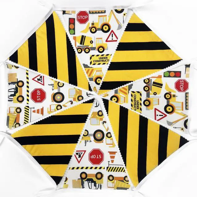 Alt view image 6 of 7 - 32Ft Construction Party Decorations Yellow Black Construction Themed Fabric Banner Triangle Pennant Flag Garland Streamers for Kids Dump Truck Birthday Excavator Tractor Baby Shower Decor Supplies