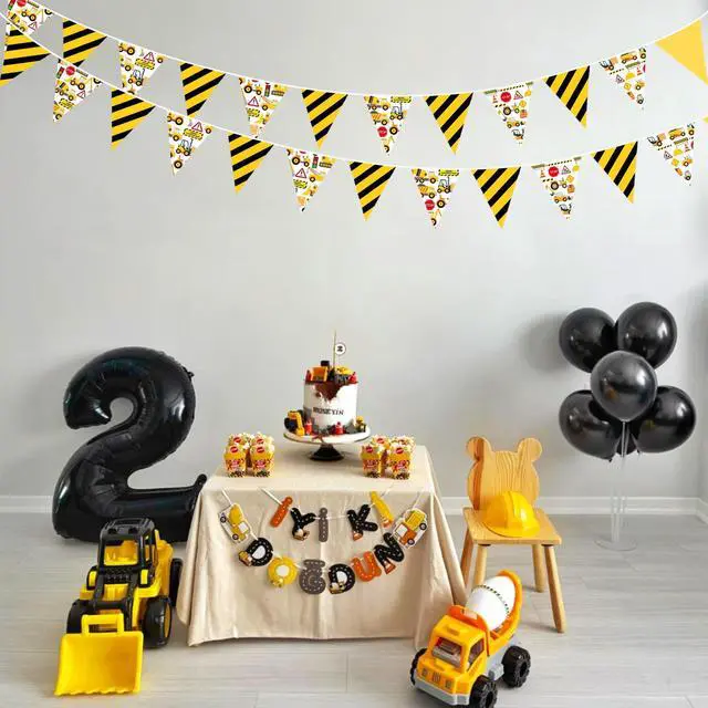 Alt view image 7 of 7 - 32Ft Construction Party Decorations Yellow Black Construction Themed Fabric Banner Triangle Pennant Flag Garland Streamers for Kids Dump Truck Birthday Excavator Tractor Baby Shower Decor Supplies