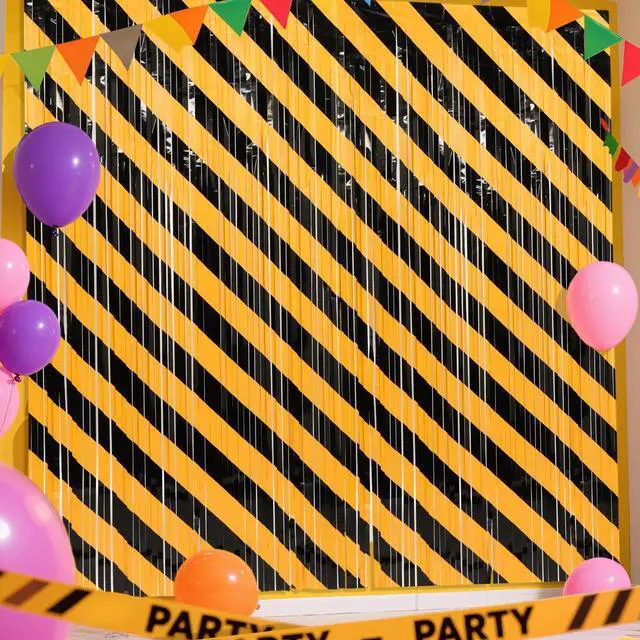 Main image of 2 Pack Construction Party Decorations Foil Fringe Curtains, Construction Themed Party Supplies, 3.3 x 6.6ft Orange and Black Trunk or Treat Tinsel Photo Backdrop Booth Prop