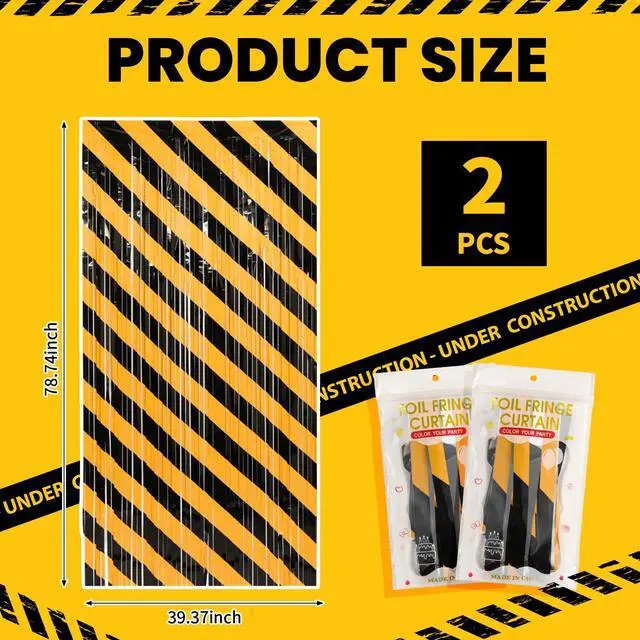 Alt view image 2 of 6 - 2 Pack Construction Party Decorations Foil Fringe Curtains, Construction Themed Party Supplies, 3.3 x 6.6ft Orange and Black Trunk or Treat Tinsel Photo Backdrop Booth Prop
