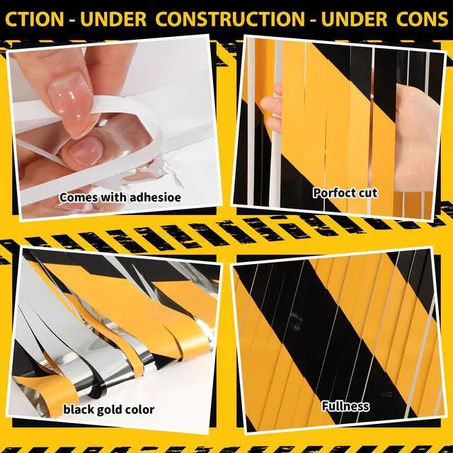 Alt view image 3 of 6 - 2 Pack Construction Party Decorations Foil Fringe Curtains, Construction Themed Party Supplies, 3.3 x 6.6ft Orange and Black Trunk or Treat Tinsel Photo Backdrop Booth Prop