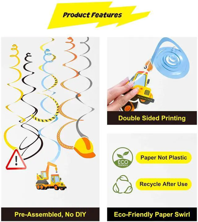 Alt view image 4 of 7 - Construction Theme Hanging Swirl Decorations, 36PCS Construction Party Preassembled Ceiling Streamers, Trucks, Helmets, Traffic Signs & Morefor Birthday, School Event, Work Zone Theme Decor