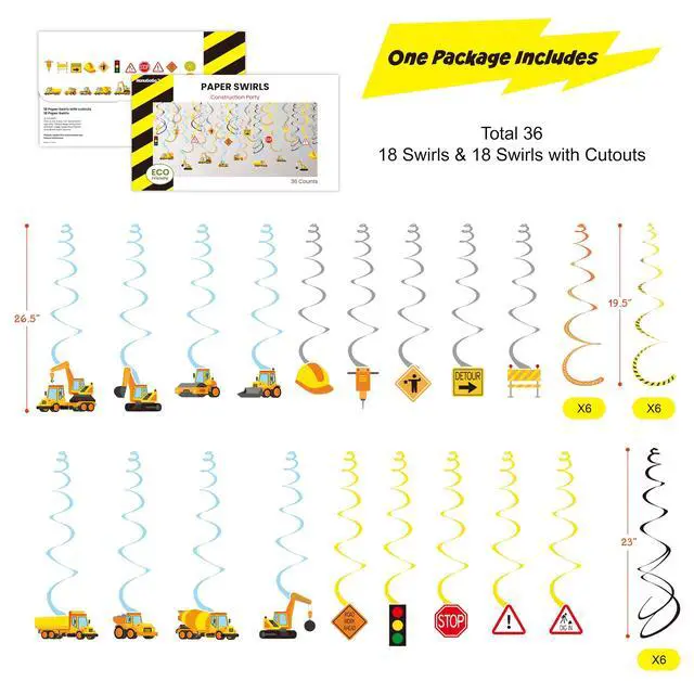 Alt view image 5 of 7 - Construction Theme Hanging Swirl Decorations, 36PCS Construction Party Preassembled Ceiling Streamers, Trucks, Helmets, Traffic Signs & Morefor Birthday, School Event, Work Zone Theme Decor