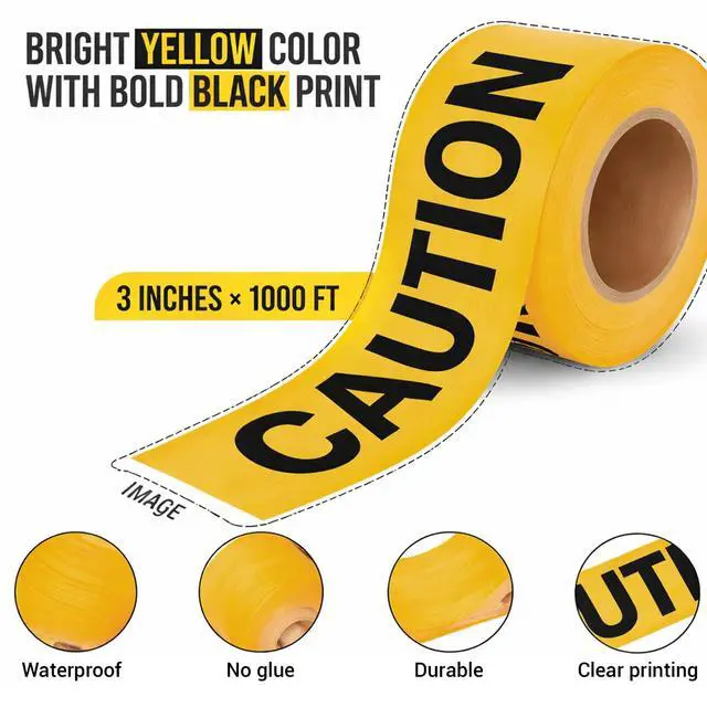 Alt view image 2 of 7 - Yellow Caution Tape Roll - 3 x 1000 ft - Tear Resistant Polyethylene - High Visibility Black Text, Non Adhesive - Ideal Use for Decoration, Construction & Worksites