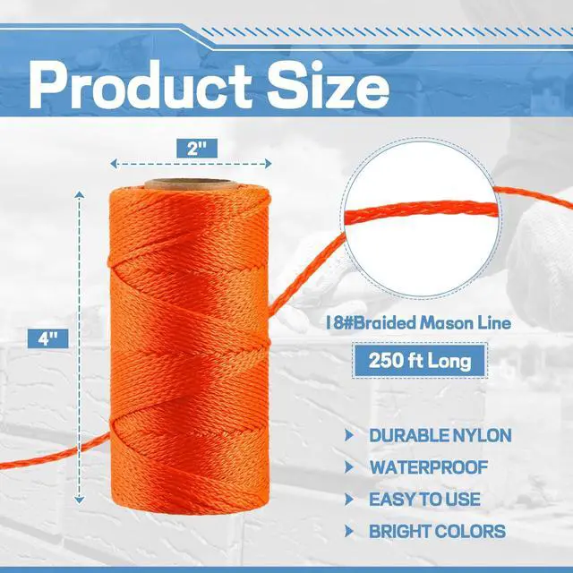 Alt view image 2 of 7 - 6 Roll Mason String Line #18, 250 ft Nylon Braided Construction String Line, Heavy Duty Outdoor Twine Rope for Gardening or Masonry Tools Construction DIY Project, Fluorescent Orange