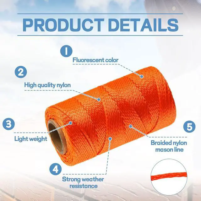 Alt view image 4 of 7 - 6 Roll Mason String Line #18, 250 ft Nylon Braided Construction String Line, Heavy Duty Outdoor Twine Rope for Gardening or Masonry Tools Construction DIY Project, Fluorescent Orange