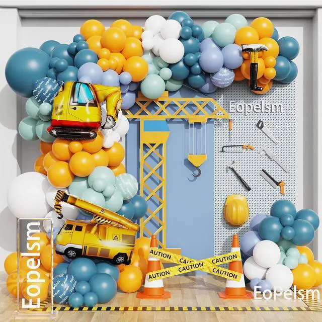 Main image of Construction Balloons Garland Arch Kit 155Pcs Yellow and Blue Balloons with Crane Excavator Hammer Foil Balloon for Birthday Baby Shower Trucker Appreciation Day Construction Party Decorations