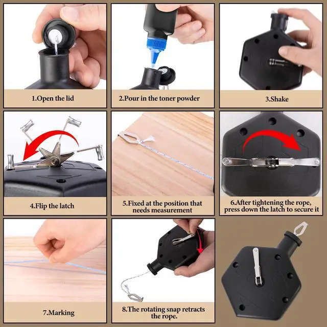 Alt view image 5 of 7 - 2 Pcs 100Ft Chalk Line Reel Box, Portable Chalk Reel with Carabiner, Black Chalks Line Tool for Construction Carpentry Projects Drawing Straight, 6 Locking Positions