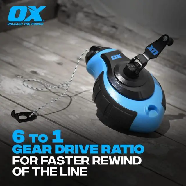 Alt view image 6 of 7 - Tools OX-P027731 Chalk Line - 100' Thick Line, Curved Hook, 6:1 Gear Ratio, Metal Handle, Easy Top Load, Ergonomic Shape & Rubber Grips - Ideal for Deck Builders, Framers, Roofers