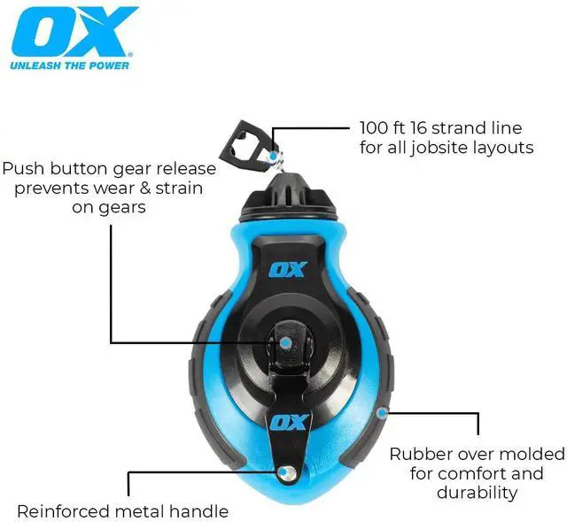 Alt view image 2 of 7 - Tools OX-P027731 Chalk Line - 100' Thick Line, Curved Hook, 6:1 Gear Ratio, Metal Handle, Easy Top Load, Ergonomic Shape & Rubber Grips - Ideal for Deck Builders, Framers, Roofers