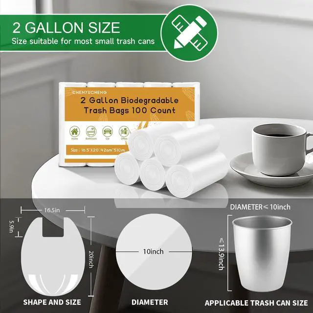 Alt view image 3 of 7 - 2 Gallon Small Bathroom Trash Bags With Handle 100 Count | 2 Gal White Mini Garbage Bags,Biodegradable,7.5 Liter,Little Kitchen Office Car Waste Basket Liners,Unscented,Strong,Thick
