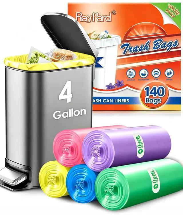 Main image of 4 Gallon Trash Bags, 140 Count, Multicolor Small Bathroom Garbage Bags | Value pack Can Liners for waste baskets, 17.7 x 19.6 in, fits many 1215 L / 34.5 gal small bins, Unscented