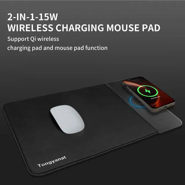Alt view image 2 of 7 - 15W Wireless Charging Mouse Pad, 2 in 1 Desk Pad with Non-Slip Rubber Base, Fast Qi Wireless Charger for iPhone/Computers/Home Charging Devices, 12.8 * 8.5in Mouse Pad - Gray