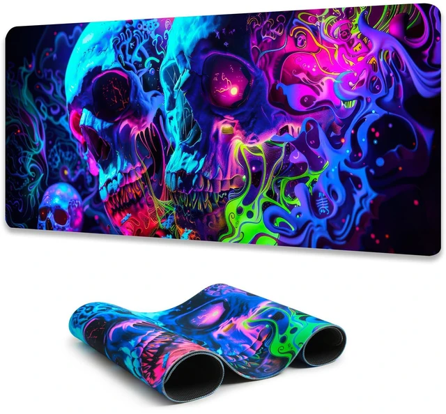 Main image of Horror Skull Mouse Pad, Large Waterproof Blacklight Colorful Skeleton Neon Gaming Non-Slip Rubber Base Mousemat, Glow in the Dark Abstract Desk Mat for Office Home - 31.5 x 11.8 inches