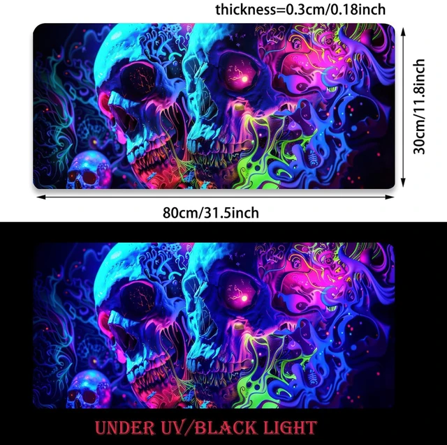 Alt view image 7 of 7 - Horror Skull Mouse Pad, Large Waterproof Blacklight Colorful Skeleton Neon Gaming Non-Slip Rubber Base Mousemat, Glow in the Dark Abstract Desk Mat for Office Home - 31.5 x 11.8 inches