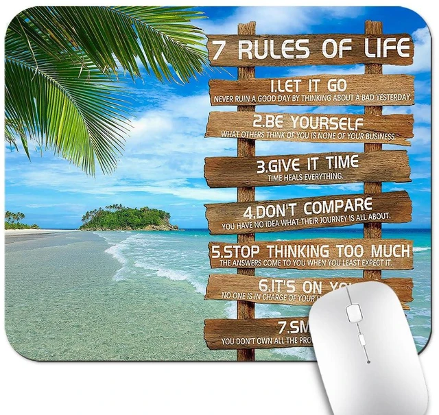Main image of Rules of Life Inspirational Quote Mouse Pad, Tropical Palm Beach Desk Mat | Anti-Slip Rubber Base, Smooth Fabric Surface, 9.5 x 7.9 Inch, Motivational Ocean Island