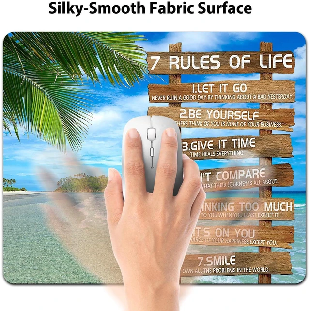 Alt view image 3 of 6 - Rules of Life Inspirational Quote Mouse Pad, Tropical Palm Beach Desk Mat | Anti-Slip Rubber Base, Smooth Fabric Surface, 9.5 x 7.9 Inch, Motivational Ocean Island