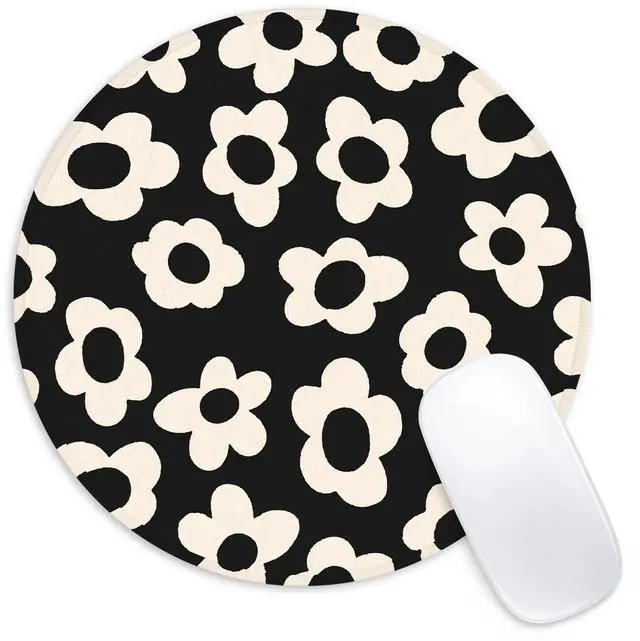 Main image of White Flower Round Mouse Mat - Funny Small Mouse Pad with Non-Slip Rubber Base for Home Office Decor - 8.7 Inch Round