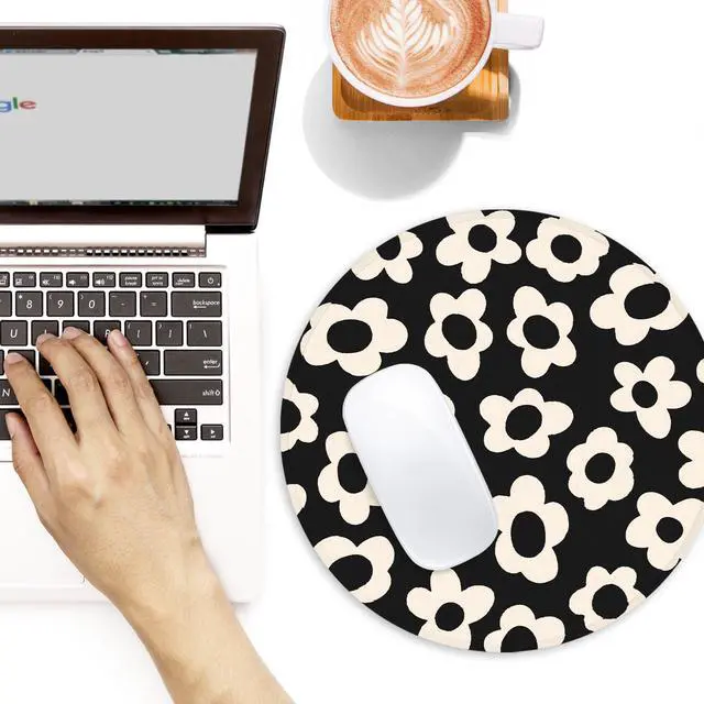 Alt view image 2 of 6 - White Flower Round Mouse Mat - Funny Small Mouse Pad with Non-Slip Rubber Base for Home Office Decor - 8.7 Inch Round