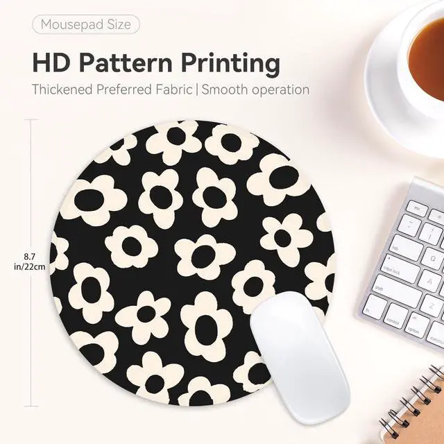 Alt view image 4 of 6 - White Flower Round Mouse Mat - Funny Small Mouse Pad with Non-Slip Rubber Base for Home Office Decor - 8.7 Inch Round