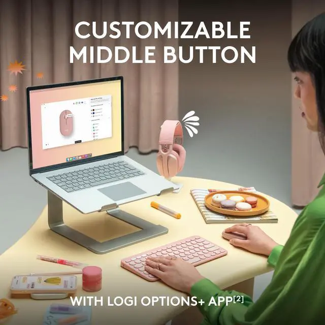 Alt view image 4 of 7 - Pebble Mouse 2 M350s Slim Bluetooth Wireless Mouse, Portable, Lightweight, Customizable Button, Quiet Clicks, Easy-Switch for Windows, macOS, iPadOS, Android, Chrome OS - Tonal Rose