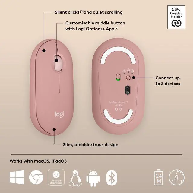 Alt view image 6 of 7 - Pebble Mouse 2 M350s Slim Bluetooth Wireless Mouse, Portable, Lightweight, Customizable Button, Quiet Clicks, Easy-Switch for Windows, macOS, iPadOS, Android, Chrome OS - Tonal Rose