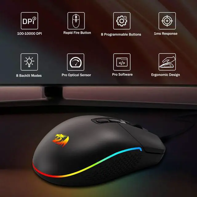 Alt view image 2 of 7 - M719 Antonium RGB Gaming Mouse, 10,000 DPI Optical Wired Gamer Mice with 8 Programmable Buttons & 8 Backlit Modes, Software Supports DIY Keybinds Rapid Fire Button