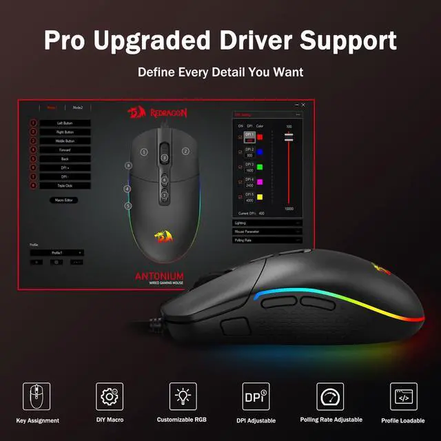 Alt view image 7 of 7 - M719 Antonium RGB Gaming Mouse, 10,000 DPI Optical Wired Gamer Mice with 8 Programmable Buttons & 8 Backlit Modes, Software Supports DIY Keybinds Rapid Fire Button