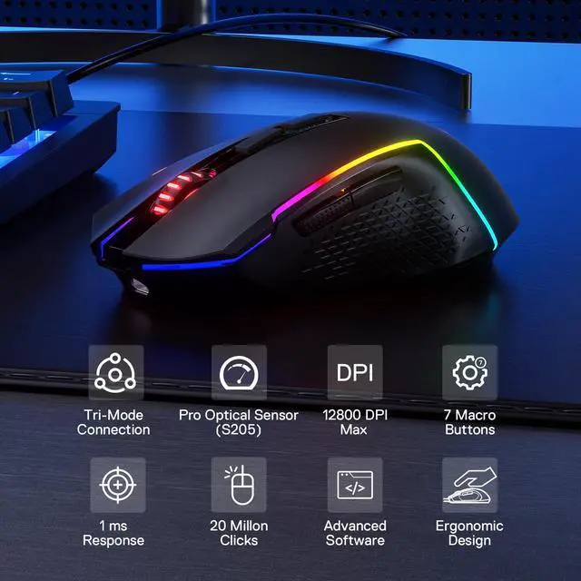Alt view image 2 of 7 - M693 LIT Wireless Gaming Mouse, 12800 DPI Mice w/ 3-Mode Connection, BT & 2.4G Wireless, 7 Macro Buttons, Reliable Power Capacity for PC/Mac/Laptop