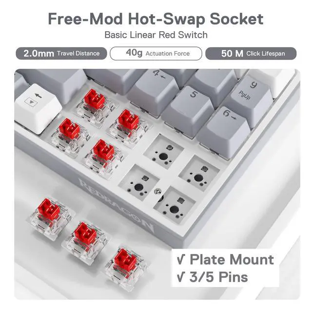 Alt view image 5 of 7 - K628 Pollux 75% Wired RGB Gaming Keyboard, 78 Keys Compact Mechanical Keyboard w/100% Hot-Swap Socket, Free-Mod Plate Mounted PCB & Dedicated Arrow Keys, Quiet Red Switch