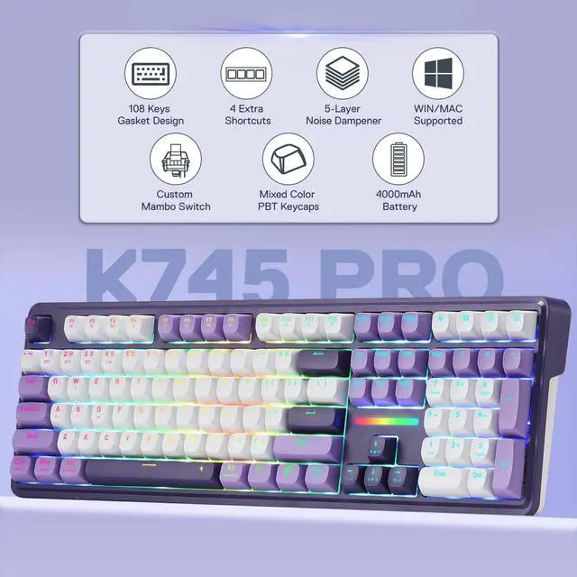 Alt view image 2 of 7 - K745 PRO Wireless Gasket RGB Gaming Keyboard, 108 Keys Mechanical Keyboard w/Extra 4 Hotkeys, Hot-Swap Socket, 5-Layer Noise Dampening, See-Through Round PBT Keycaps, Mint Mambo Switch