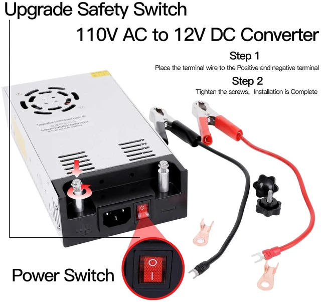 Alt view image 2 of 7 - High-Power SMPS 110V/220V AC to 12V DC Converter - 50A 600W Power Supply - Adjustable Switch Transformer for LED Strip, LCD Monitor CCTV, Radio/Car Stereos, 3D Printer - Includes 2 Clamp Wires