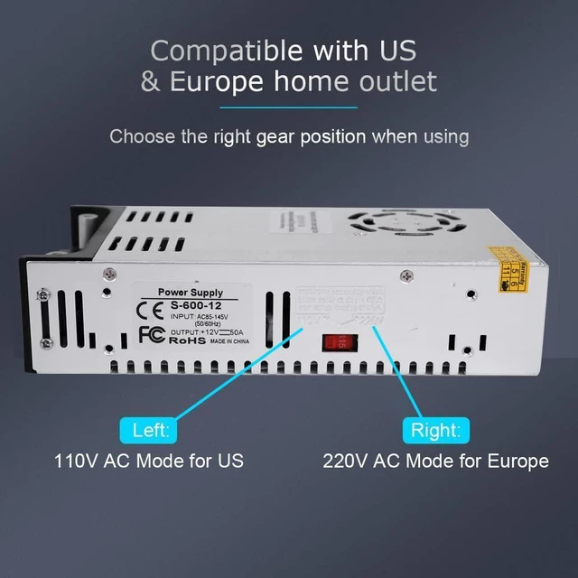 Alt view image 6 of 7 - High-Power SMPS 110V/220V AC to 12V DC Converter - 50A 600W Power Supply - Adjustable Switch Transformer for LED Strip, LCD Monitor CCTV, Radio/Car Stereos, 3D Printer - Includes 2 Clamp Wires